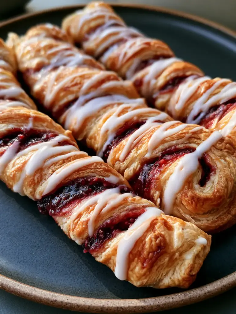 A dark matte rustic plate filled with Berry Puff Pastry Twists drizzled with a zigzag sugar glaze.