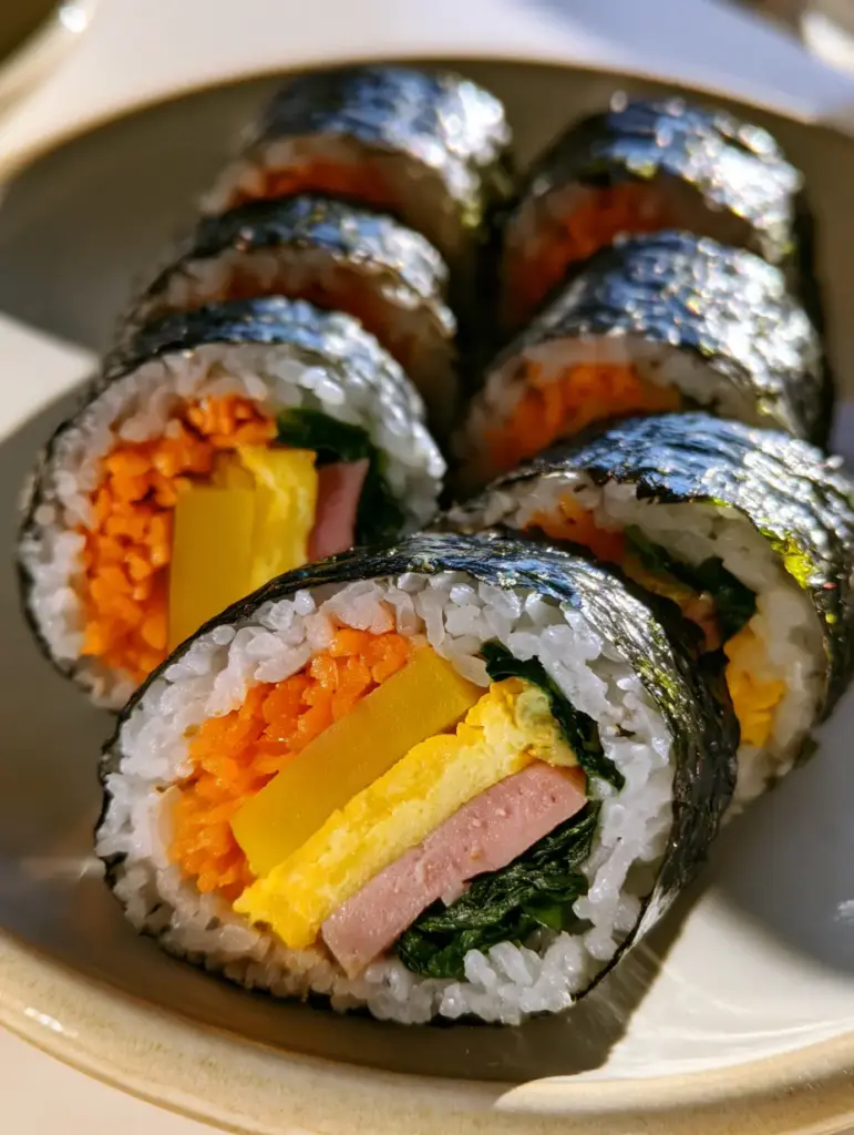 High-angle close-up of Korean Kimbap slices on a ceramic plate, showing shiny roasted seaweed and seasoned white rice. (Korean Kimbap Recipe)