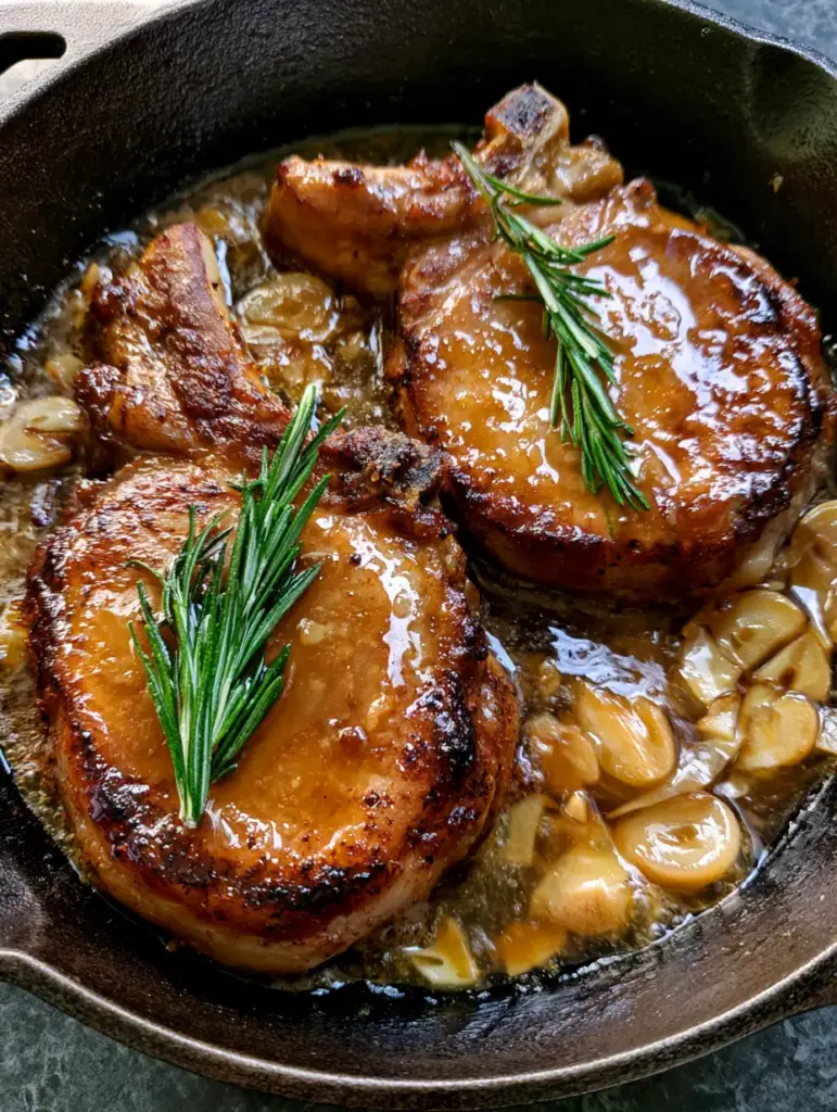 Top-down view of succulent Brown Sugar Pork Chops with softened garlic cloves and rendered fat in a seasoned skillet.