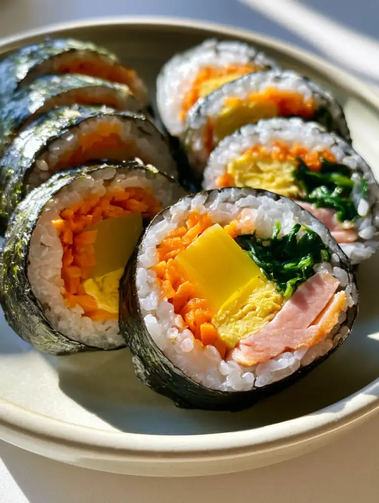 Slices of kimbap neatly arranged on a neutral background, highlighting the yellow pickled radish and pink ham. (Korean Kimbap Recipe)