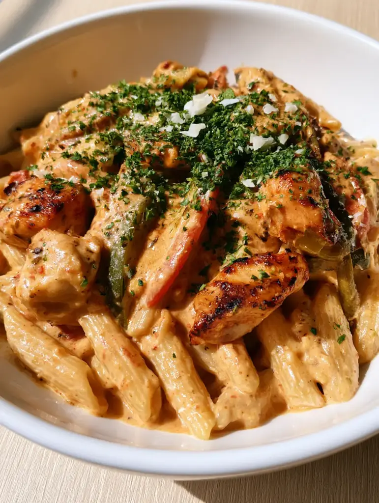 Smartphone photo of Rattlesnake Pasta garnished with fresh parsley and parmesan flakes on a wood surface.