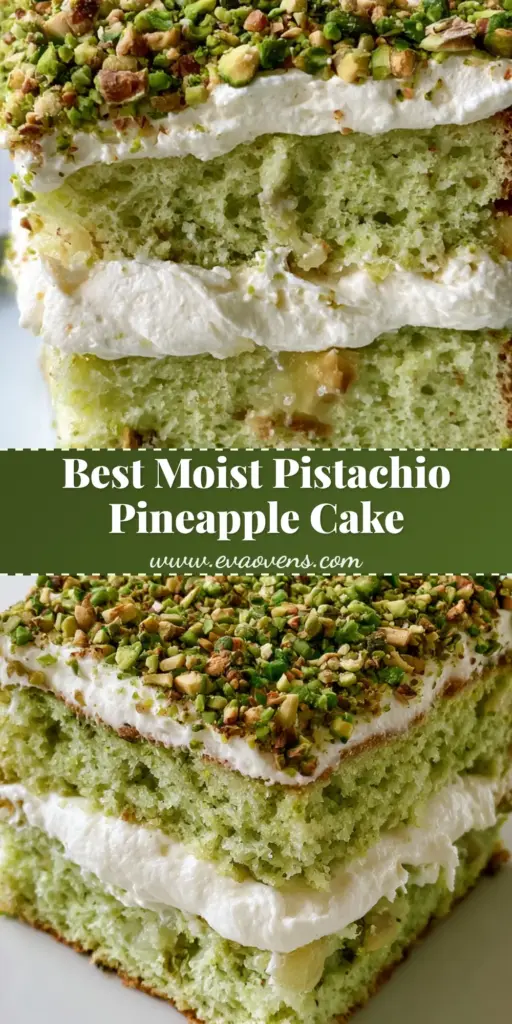 Pistachio Pineapple Cake: The Ultimate Moist and Fluffy Layered Dessert 4 A close-up vertical shot of a square slice of Pistachio Pineapple Cake with thick white frosting and a dense layer of chopped pistachios.