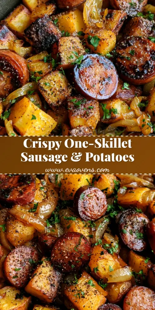A top-down view of a cast iron skillet filled with crispy Fried Potatoes and Sausage rounds, garnished with fresh parsley.