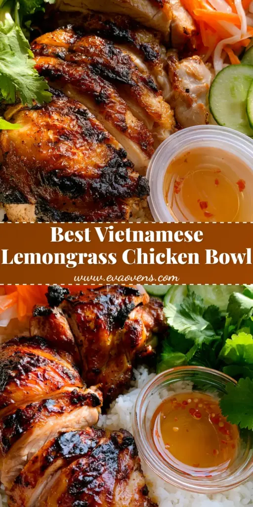Vietnamese Lemongrass Chicken: The Ultimate Caramelized Rice Bowl 3 A Vietnamese Lemongrass Chicken Bowl with charred chicken thighs, julienned pickled carrots and daikon, fresh cucumbers, and cilantro over white rice.