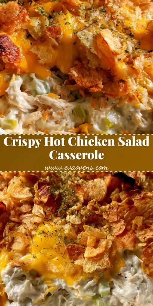 Hot Chicken Salad Casserole With Crunchy Potato Chip Topping 3 A close-up shot of Hot Chicken Salad Casserole in a white dish with a thick layer of melted cheddar and crushed potato chips.