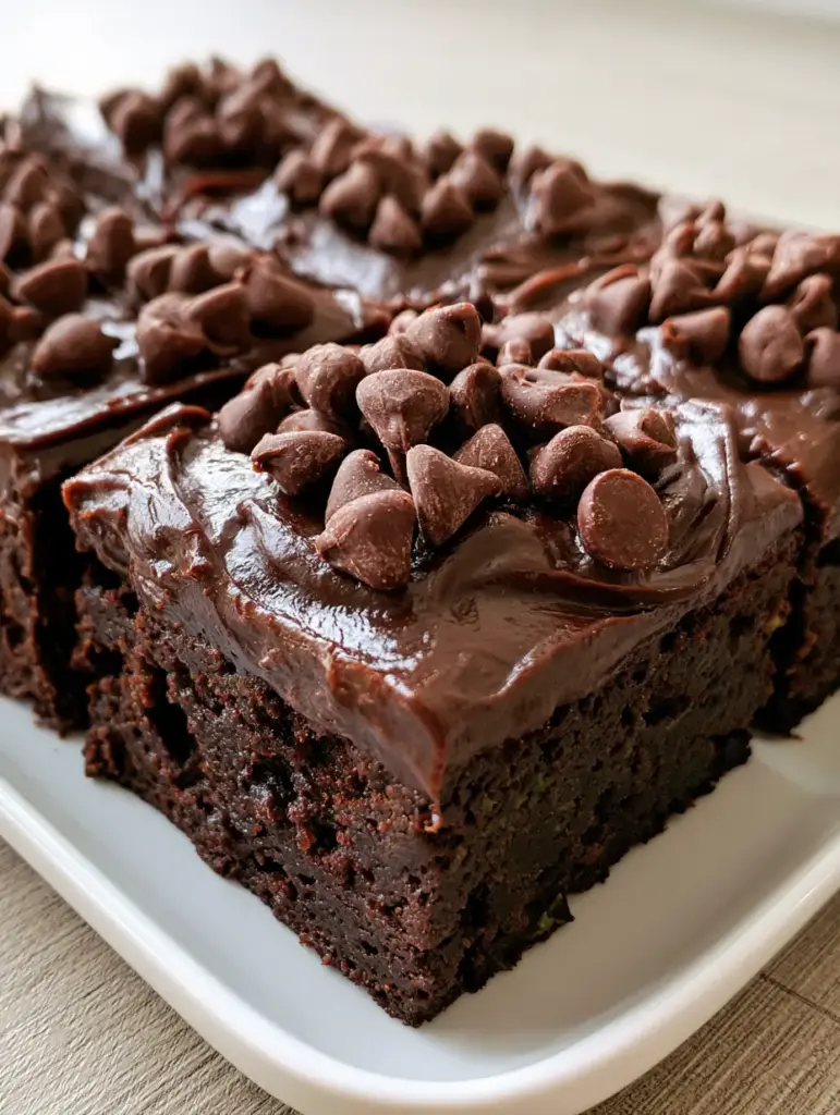 Handheld photo of a dense Chocolate Zucchini Brownie with visible moisture and thick frosting.