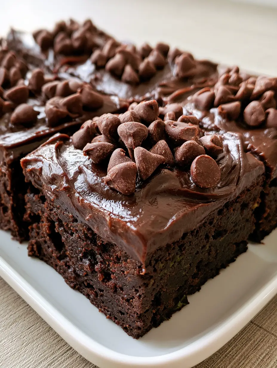 Handheld photo of a dense Chocolate Zucchini Brownie with visible moisture and thick frosting.
