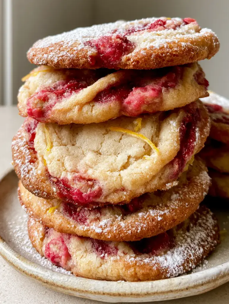 Home 6 Close-up of thick chewy Lemon Raspberry Cookies showing raspberry jam swirls and yellow lemon zest strips.