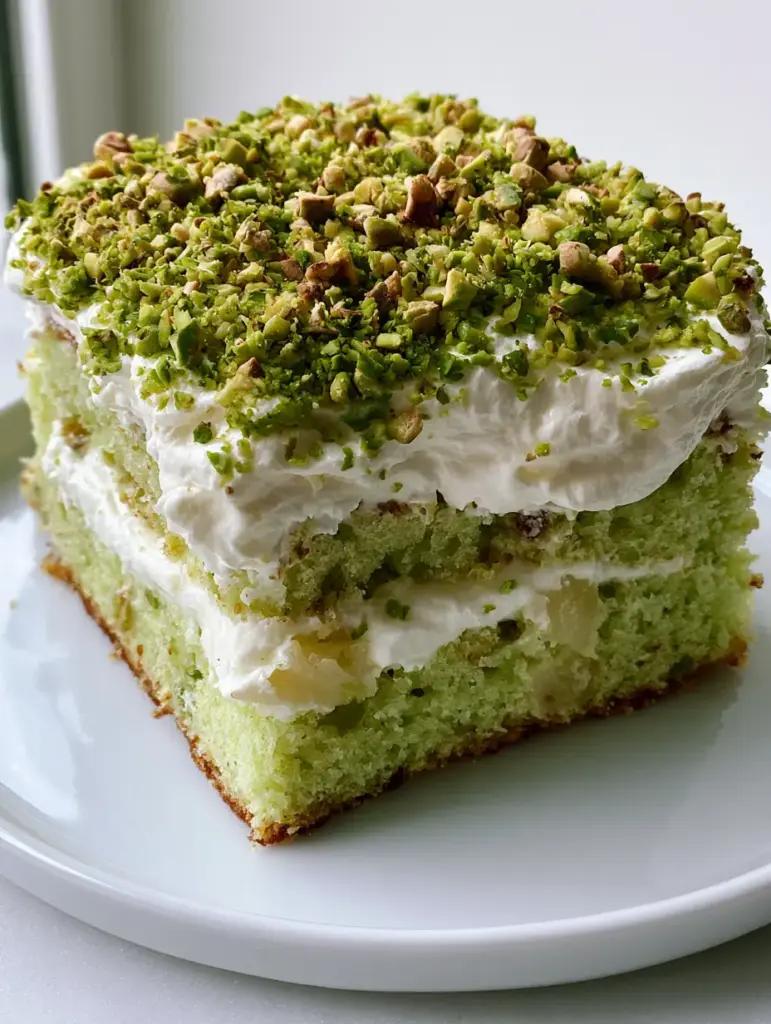 Close-up of a square slice of Pistachio Pineapple Cake showing the light green sponge and crushed pineapple bits.