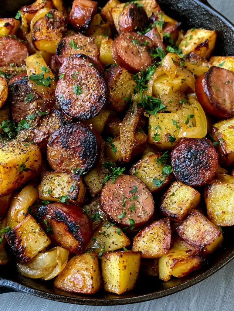 Close up shot of Fried Potatoes and Sausage showing charred edges and glistening kielbasa rounds in a skillet.