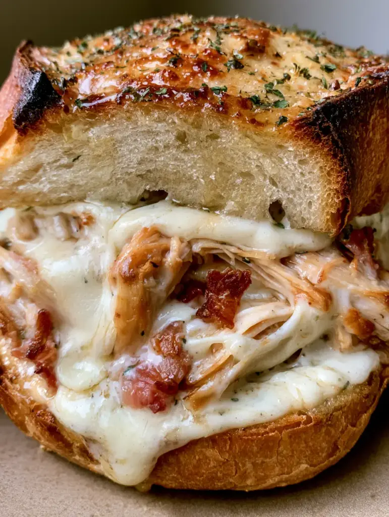 A handheld photo showing the thick creamy ranch sauce binding the chicken and bacon inside the bread.