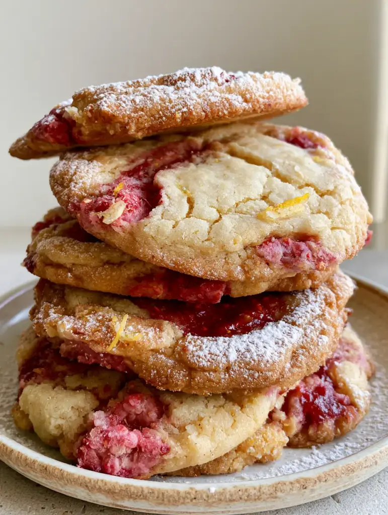 Lemon Raspberry Cookies: The Ultimate Soft & Chewy Recipe 1 A stack of Lemon Raspberry Cookies featuring golden dough and a fine powdered sugar dusting.