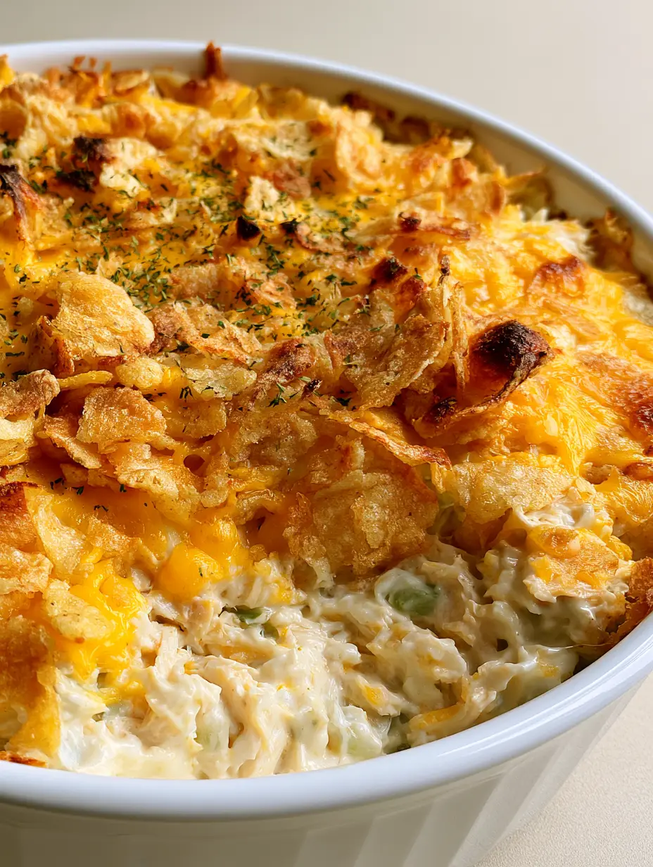 Detailed close-up of the creamy chicken and celery filling inside a Hot Chicken Salad Casserole.