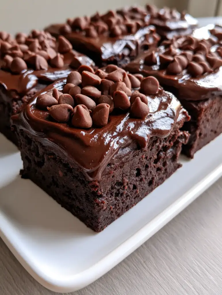 Close up of glossy chocolate frosting on zucchini brownies with semi-sweet chips.