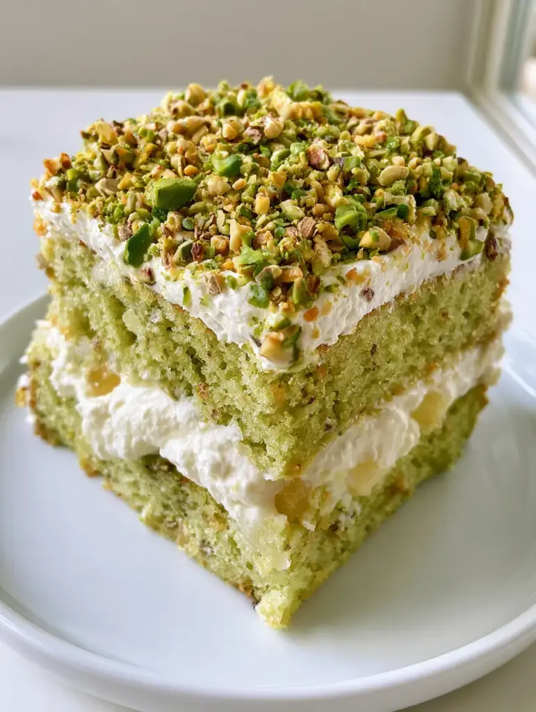Pistachio Pineapple Cake: The Ultimate Moist and Fluffy Layered Dessert 1 Detailed view of the thick white whipped cream frosting topped with bright green roasted pistachios on a Pistachio Pineapple Cake.