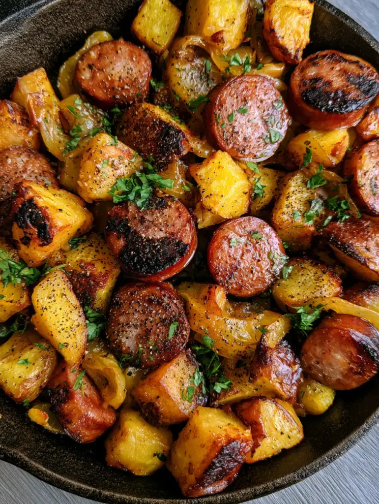 Sizzling skillet of Fried Potatoes and Sausage with caramelized onions and cracked black pepper.