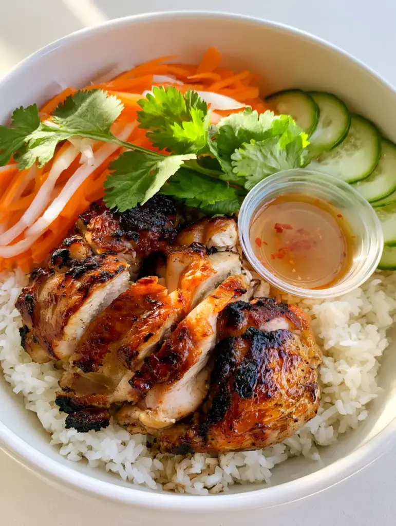 Vietnamese Lemongrass Chicken: The Ultimate Caramelized Rice Bowl 1 Overhead view of a Vietnamese Lemongrass Chicken bowl in a white ceramic dish with a side of amber fish sauce.