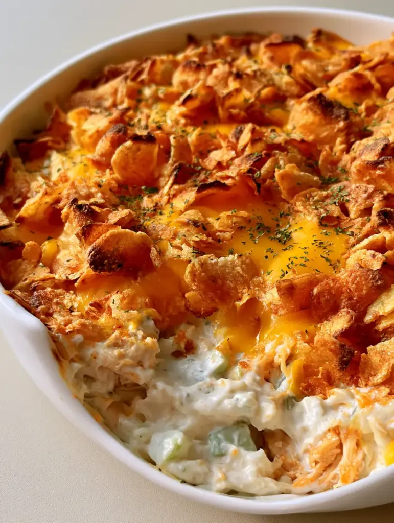 Hot Chicken Salad Casserole With Crunchy Potato Chip Topping 1 Toasted golden-brown potato chips and melted yellow cheddar cheese on top of a Hot Chicken Salad Casserole.