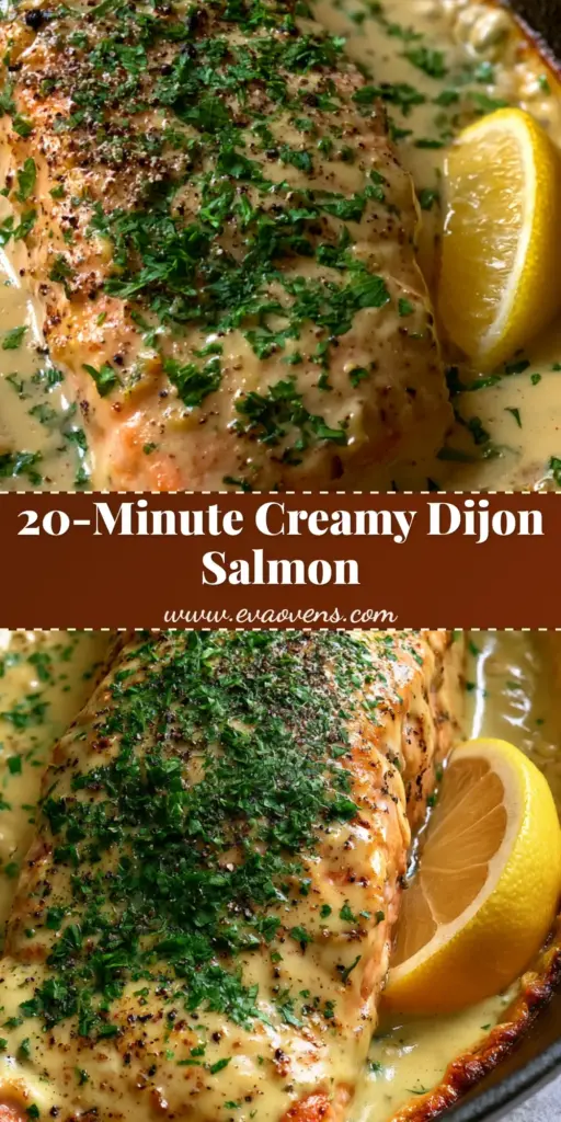 Baked Dijon Salmon with Garlic and Fresh Parsley 4 A large Baked Dijon Salmon fillet in a cast iron skillet, coated in thick pale-yellow garlic sauce and topped with fresh parsley and coarse black pepper.
