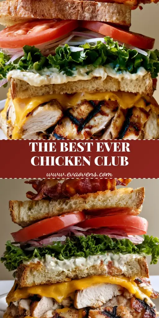A towering double-decker Grilled Chicken Club Sandwich on sourdough with melted cheddar, charred chicken, wavy bacon, and fresh vegetables.