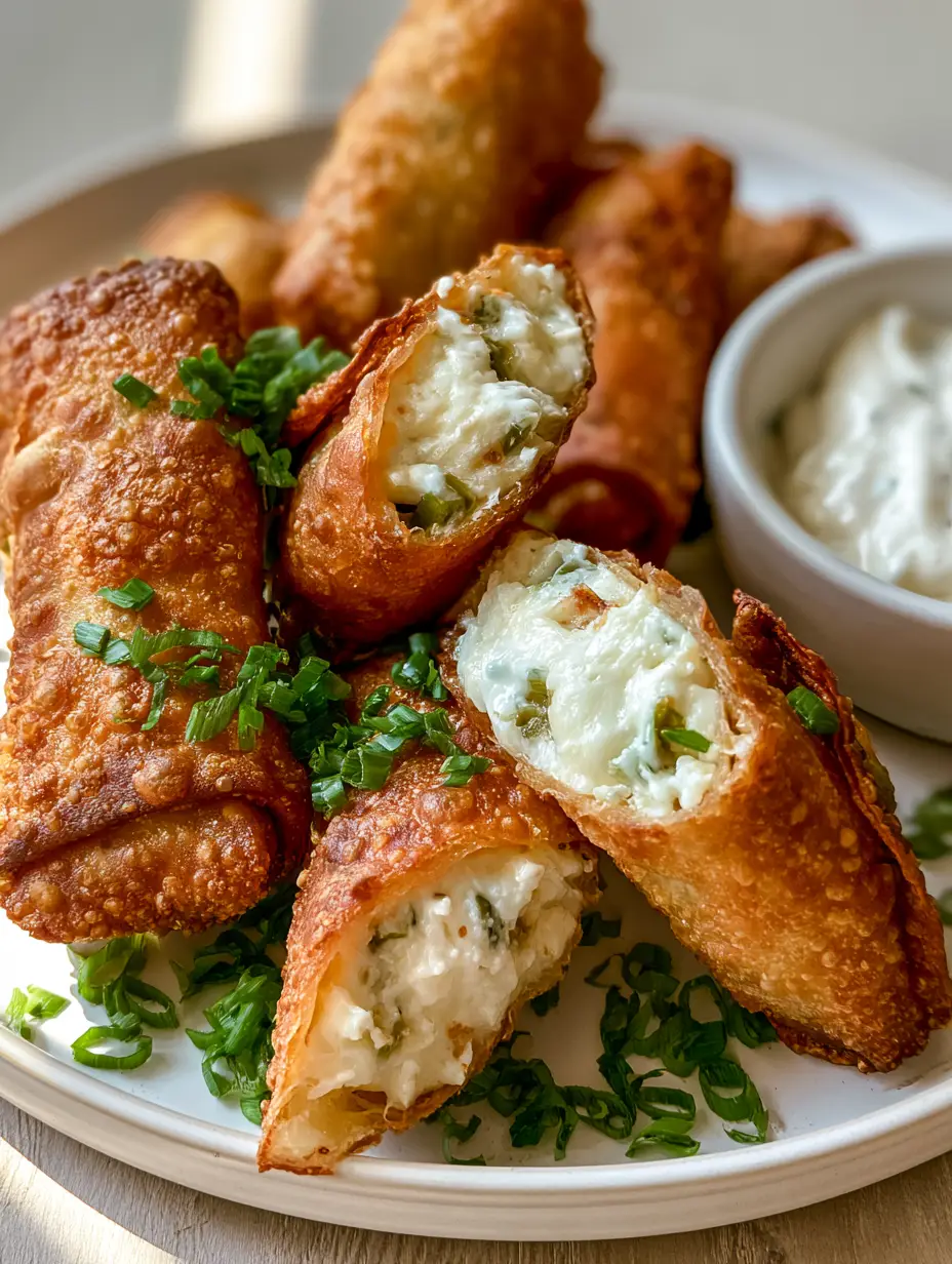 Close-up handheld photo of Jalapeno Popper Egg Rolls cut in half to reveal a creamy white cheese filling and green jalapenos.