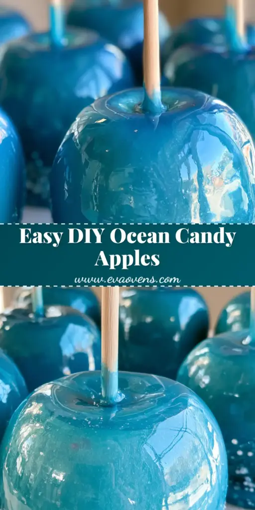 A handheld photo of glossy, vibrant blue candy apples with a thick, high-shine shell and white sugar pearl sea foam garnish. (Blue Candy Apples)