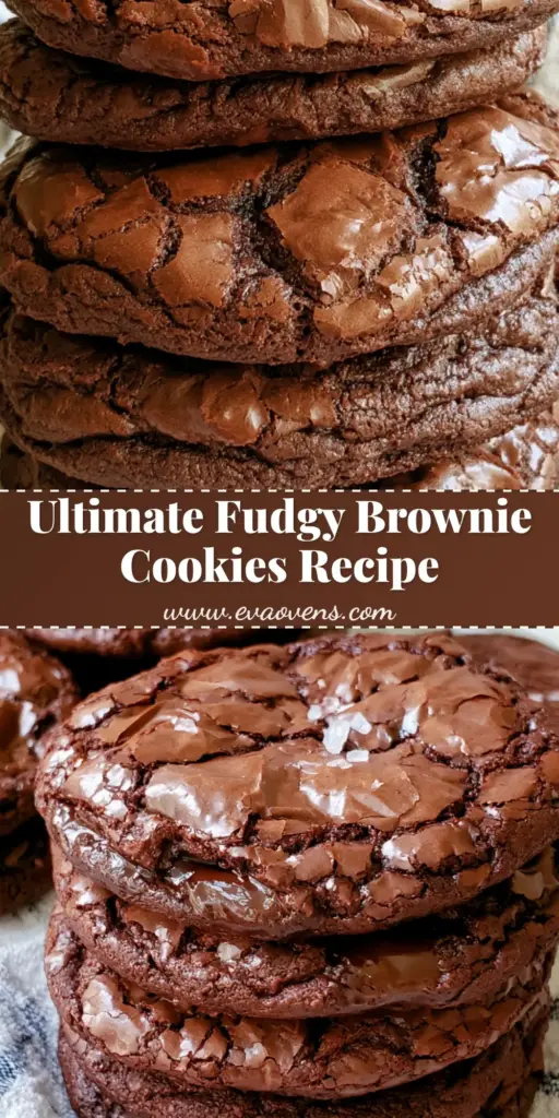 A stack of thick circular dark chocolate Fudgy Brownie Cookies on a white and blue striped linen cloth with a crackly top.