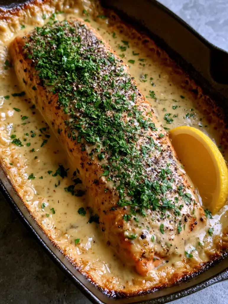 Baked Dijon Salmon with Garlic and Fresh Parsley 2 Close-up of the bubbly golden edges of Baked Dijon Salmon inside a dark cast iron skillet.