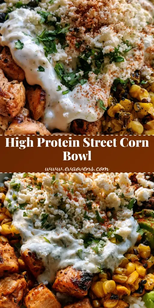 A colorful Street Corn Chicken Rice Bowl featuring distinct sections of golden-brown seared chicken, charred yellow corn, seasoned black beans, and fresh avocado with a lime crema drizzle.