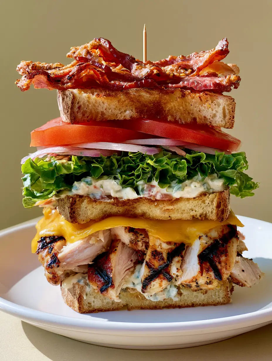 Side view of a Grilled Chicken Club Sandwich showing the distinct layers of charred chicken and melted yellow cheddar cheese.