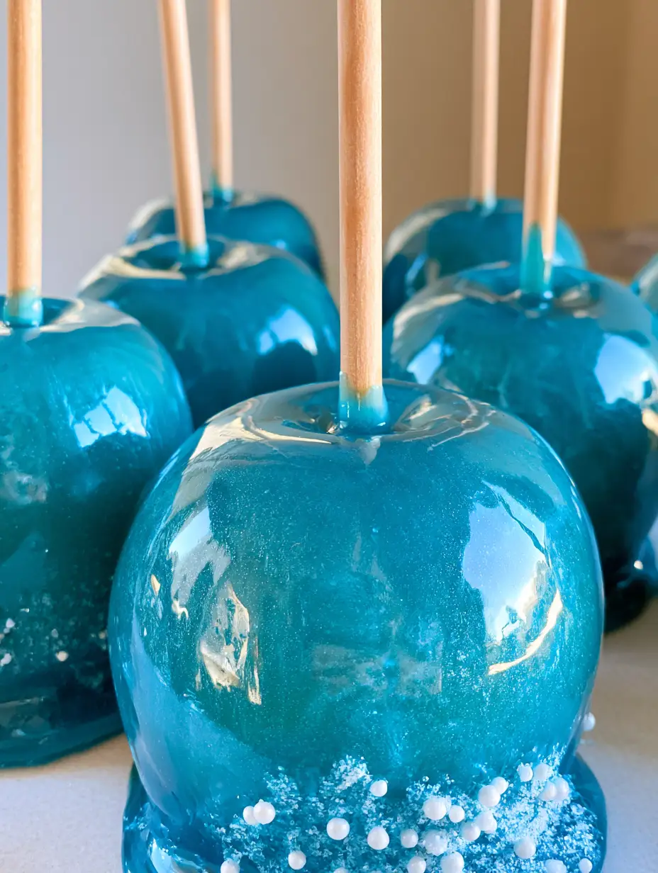 Close up of a group of glossy blue candy apples with thick wooden skewers and a reflective blue candy shell. (Blue Candy Apples)