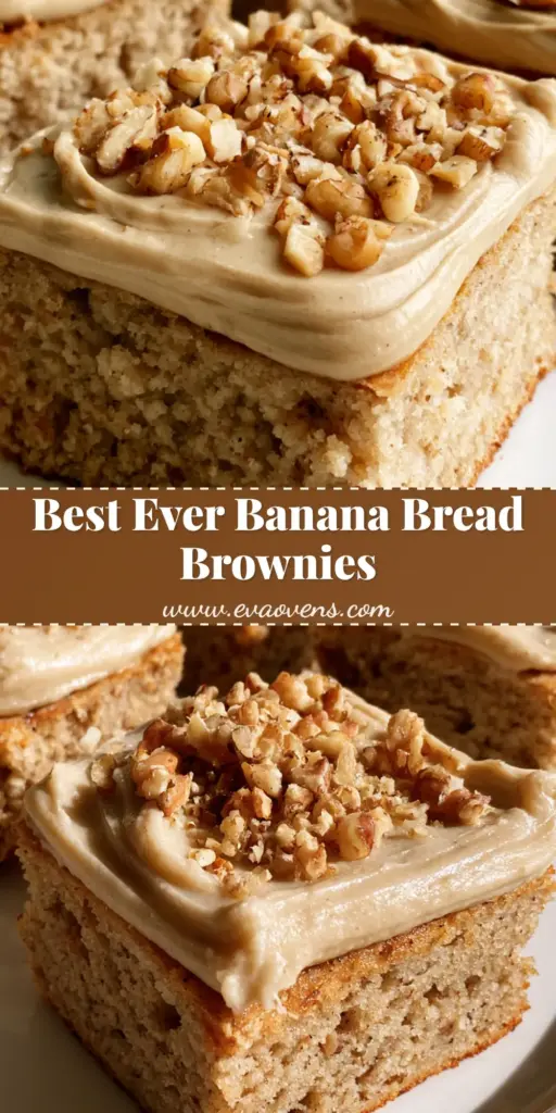 A close-up, high-angle shot of square-cut Banana Bread Brownies with thick brown butter frosting and walnuts on a white plate.