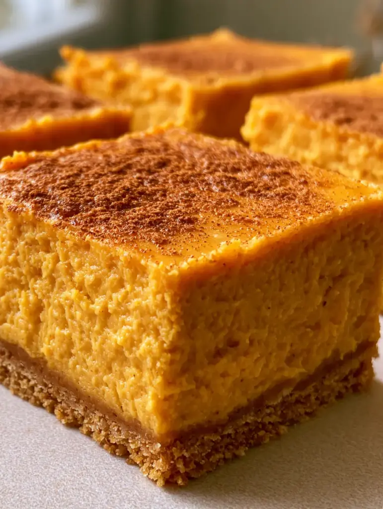 Sweet Potato Cheesecake Bars with Graham Cracker Crust 2 A handheld smartphone photo showing the dense, smooth texture of Sweet Potato Cheesecake Bars and their golden crumbly crust.
