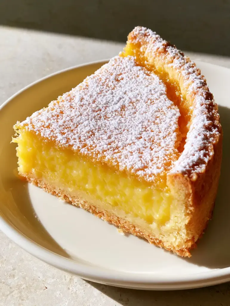 Italian Lemon Custard Cake: The Ultimate Buttery Citrus Delight 1 Side view of the Italian Lemon Custard Cake highlighting the crumbly texture of the golden-brown buttery shortcrust pastry.