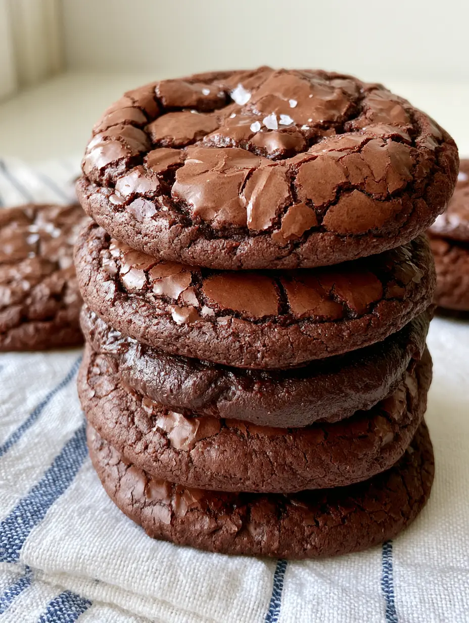 Close up handheld photo of thick dark chocolate Fudgy Brownie Cookies with sea salt flakes.