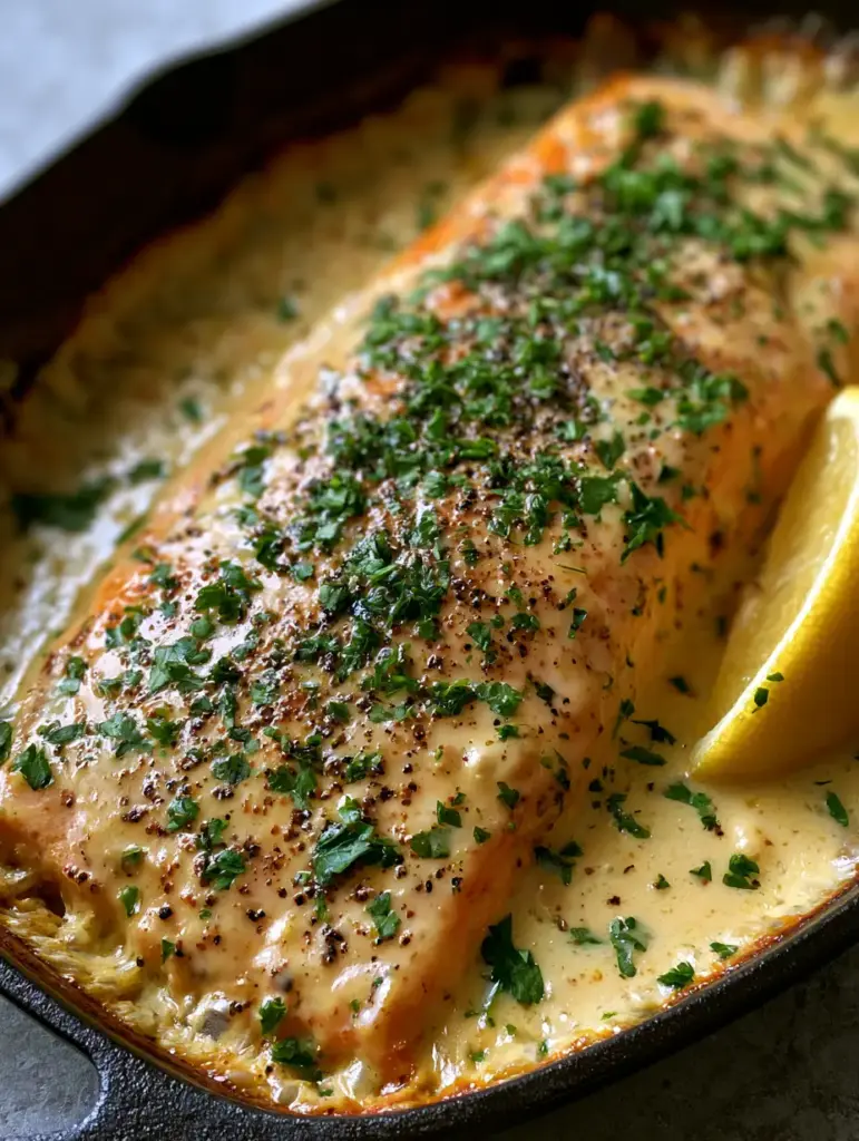 Baked Dijon Salmon with Garlic and Fresh Parsley 1 A fresh lemon wedge resting against a garlic-coated Baked Dijon Salmon fillet.