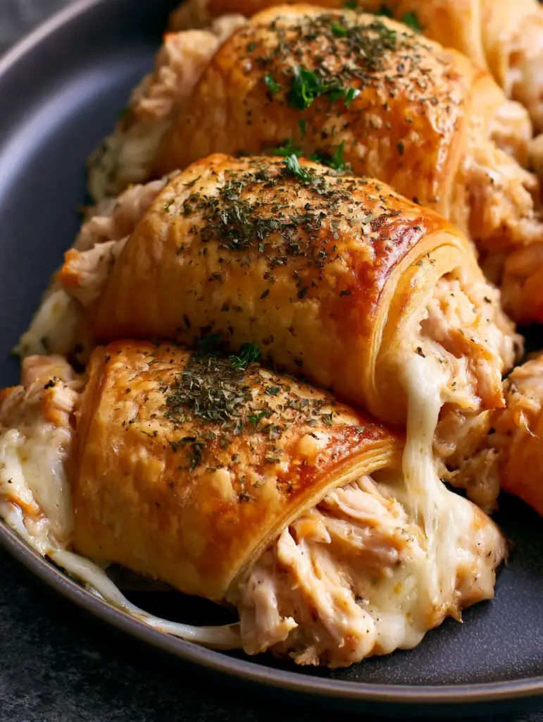 Cheesy Chicken Crescent Rolls: The Best 20-Minute Buttery Dinner 1 Freshly baked Cheesy Chicken Crescent Rolls garnished with fresh parsley flakes.