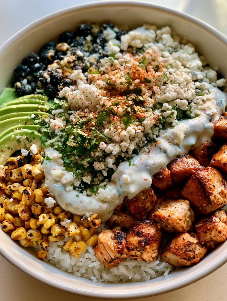 A close-up view of a Street Corn Chicken Rice Bowl in a white ceramic bowl, highlighting the charred corn and seared chicken cubes.