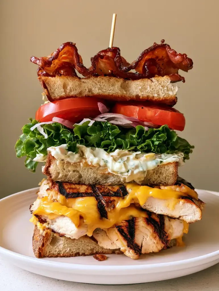 Close up of a Grilled Chicken Club Sandwich featuring crispy wavy bacon and creamy white garlic aioli on toasted sourdough.