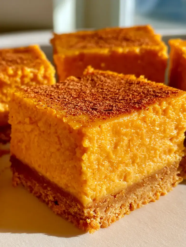 Sweet Potato Cheesecake Bars with Graham Cracker Crust 1 Close up of the two-layer assembly of Sweet Potato Cheesecake Bars showing the sharp vertical edges and cinnamon dusting.