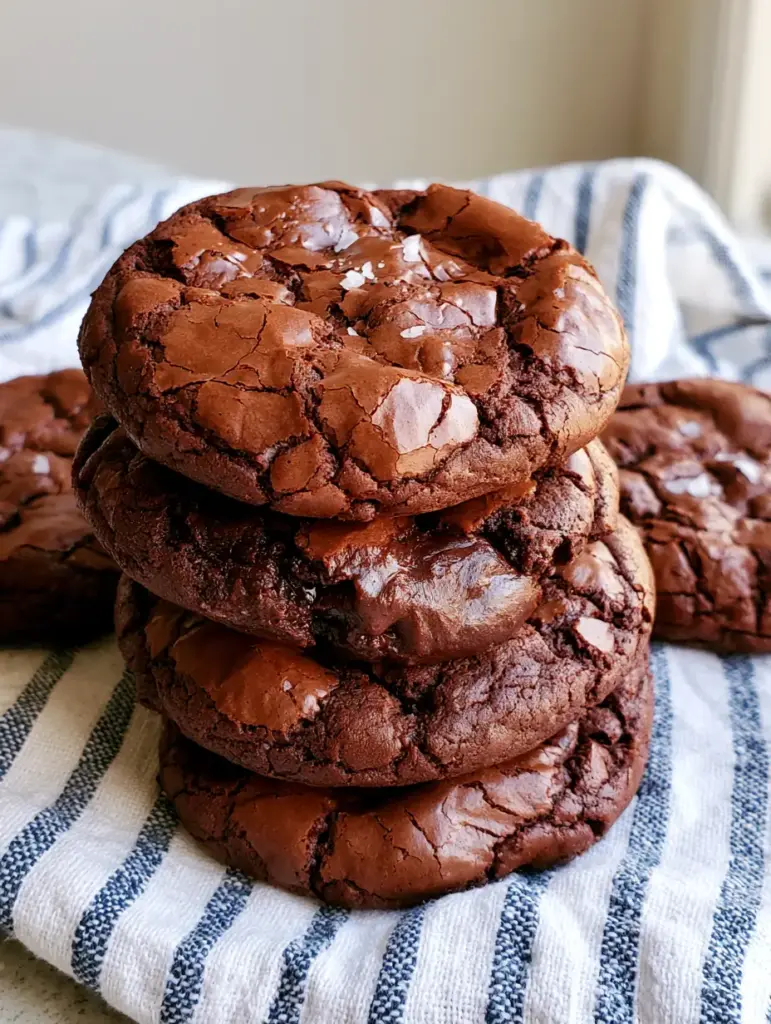 A stack of Fudgy Brownie Cookies on a white and blue cloth, highlighting the shiny paper-like crust.