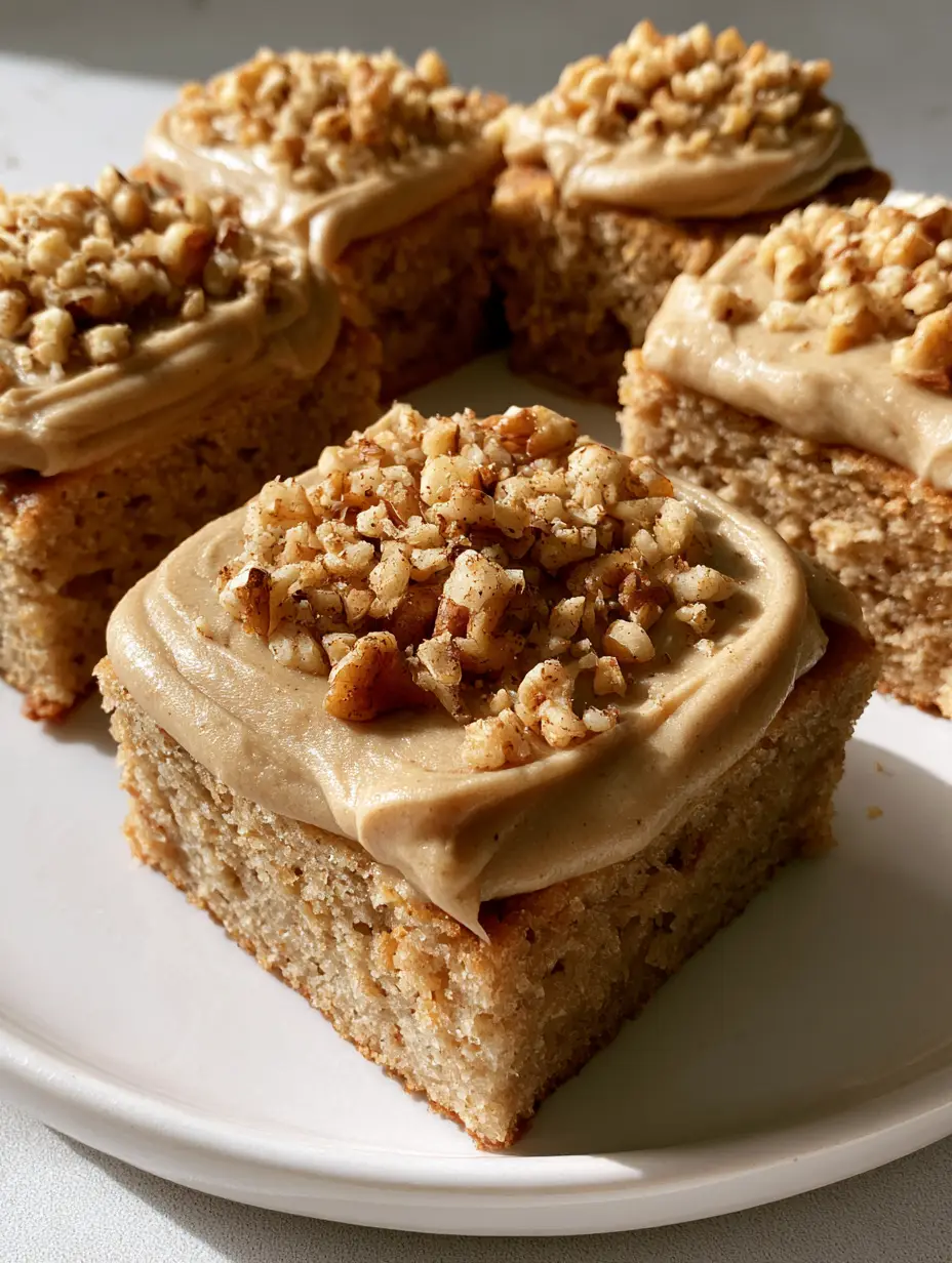 Overhead view of square-cut Banana Bread Brownies with smooth tan frosting and chopped walnuts.