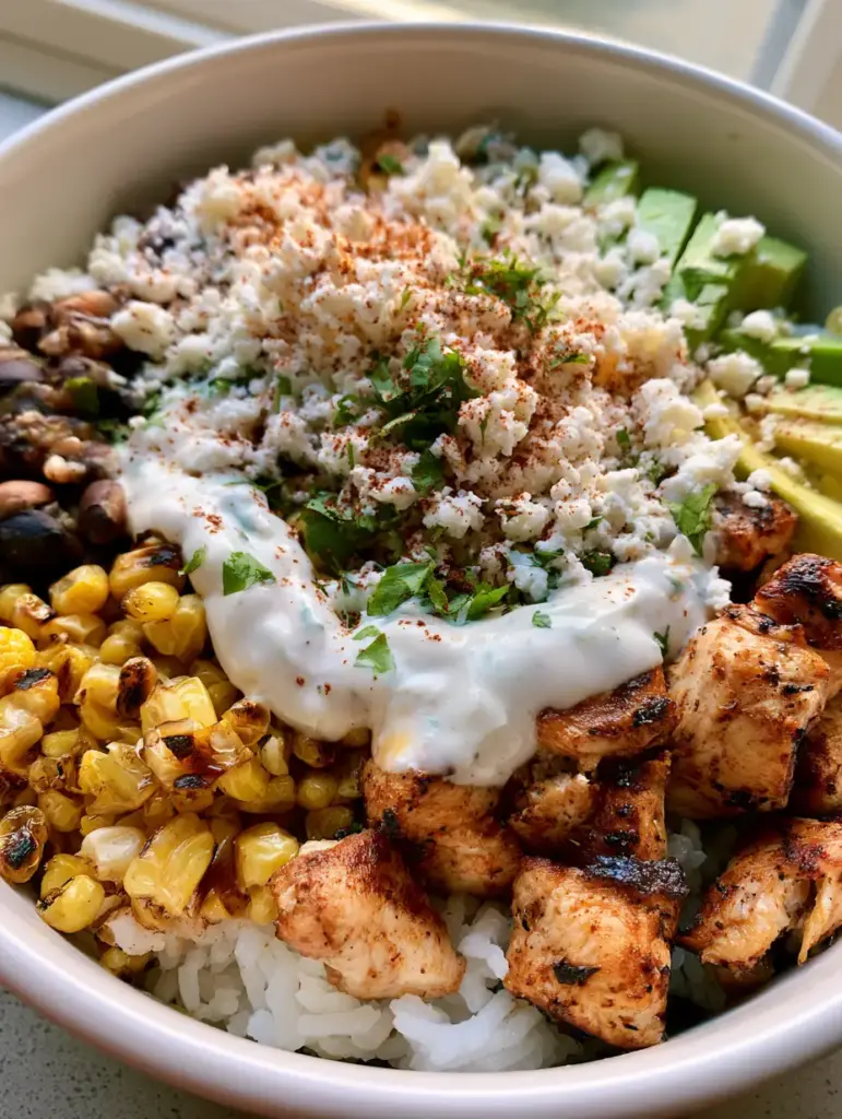 Overhead handheld smartphone photo of a Street Corn Chicken Rice Bowl with a generous drizzle of white lime crema and cotija cheese.