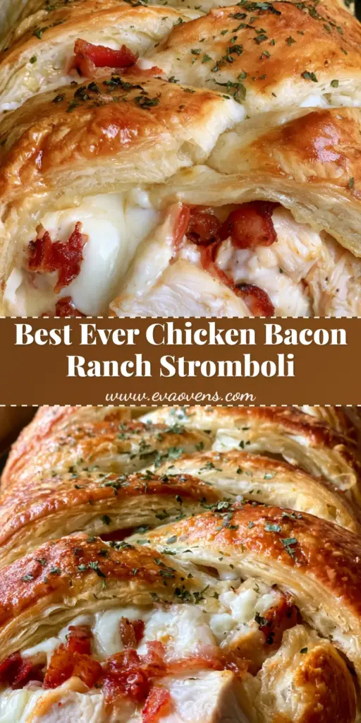 Chicken Bacon Ranch Stromboli with Flaky Braided Puff Pastry 3 A close-up shot of a golden-brown braided Chicken Bacon Ranch Stromboli on a dark metal sheet with creamy sauce oozing out.