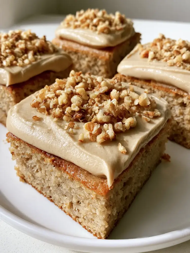 Macro shot of brown butter frosting and toasted walnuts on top of a banana bread brownie.