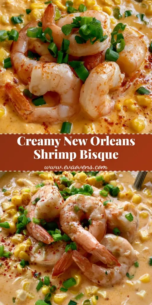 Shrimp and Corn Bisque: The Ultimate Creamy Seafood Comfort Recipe 4 A vertical shot of Shrimp and Corn Bisque in a white bowl with scallions and pink shrimp, perfect for Pinterest.