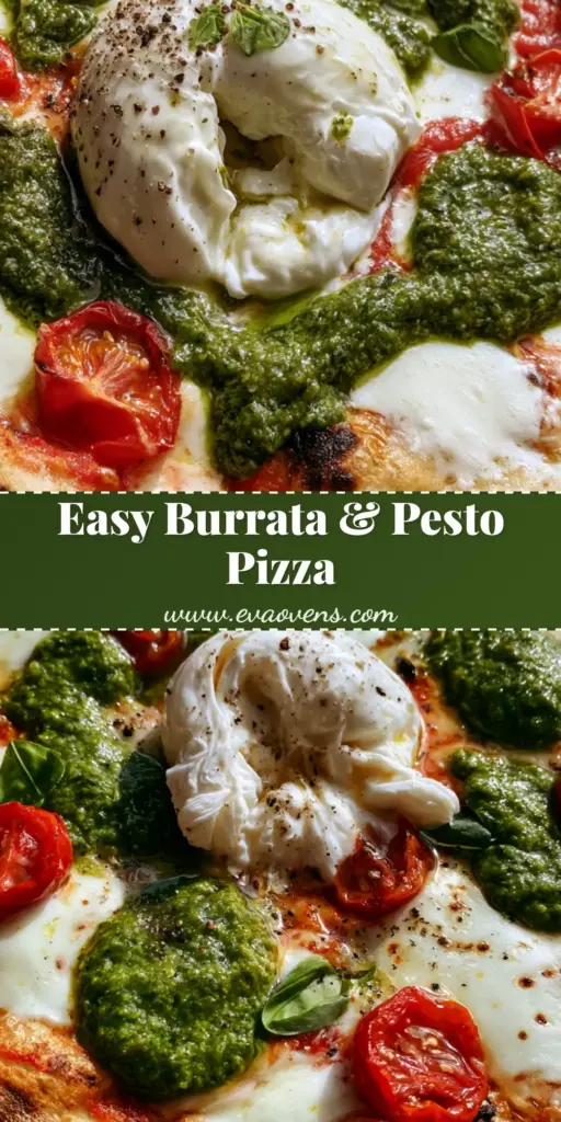 Burrata Pesto Pizza with Charred Sourdough Crust 4 A close-up of a Burrata Pesto Pizza featuring a charred artisan crust, blistered tomatoes, and a torn ball of creamy burrata spilling out with pesto dollops.