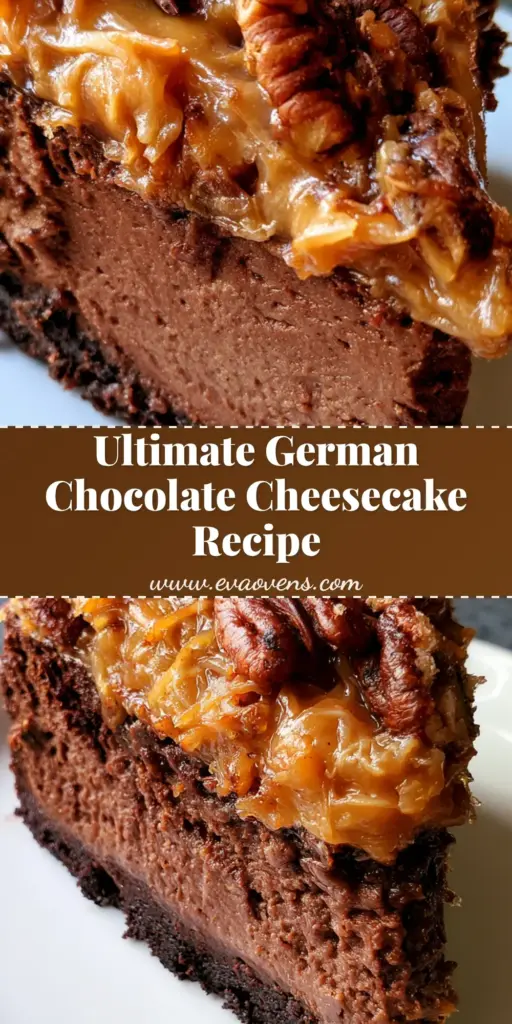 A close-up side angle of a slice of German Chocolate Cheesecake featuring a dark cookie crust, creamy filling, and gooey coconut-pecan frosting on a white ceramic plate.