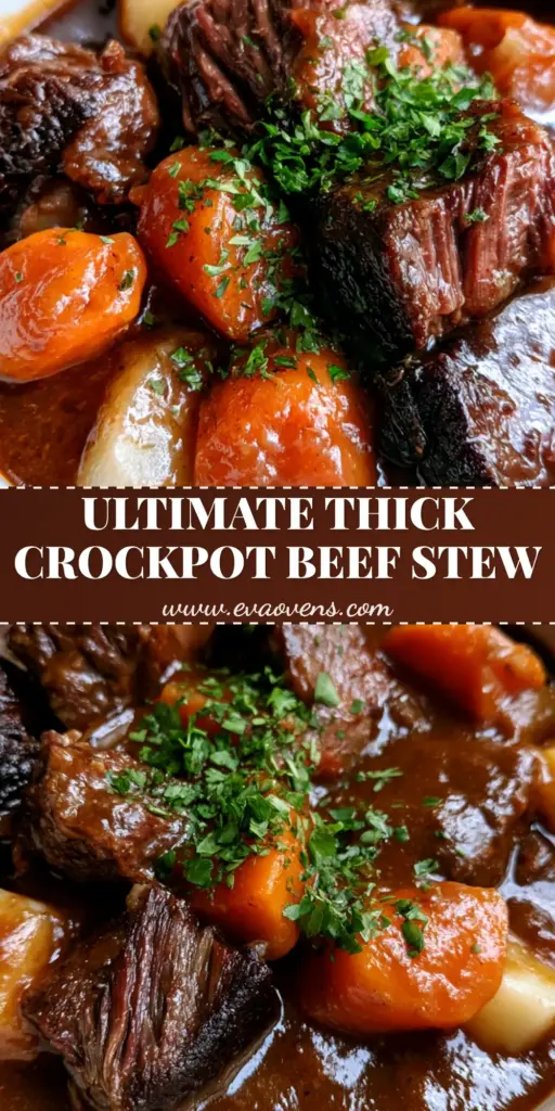 A white ceramic bowl filled with Crockpot Beef Stew featuring thick mahogany gravy, seared beef, and fresh parsley garnish.