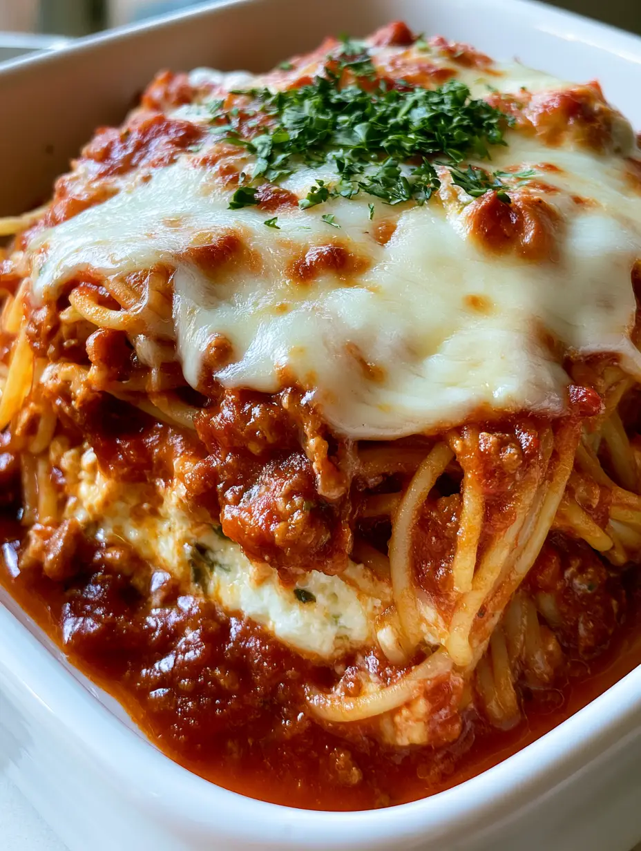Close up of Baked Spaghetti with Cream Cheese in a white dish, featuring a bubbly golden-brown cheese crust and fresh parsley. (Baked Spaghetti with Cream Cheese)